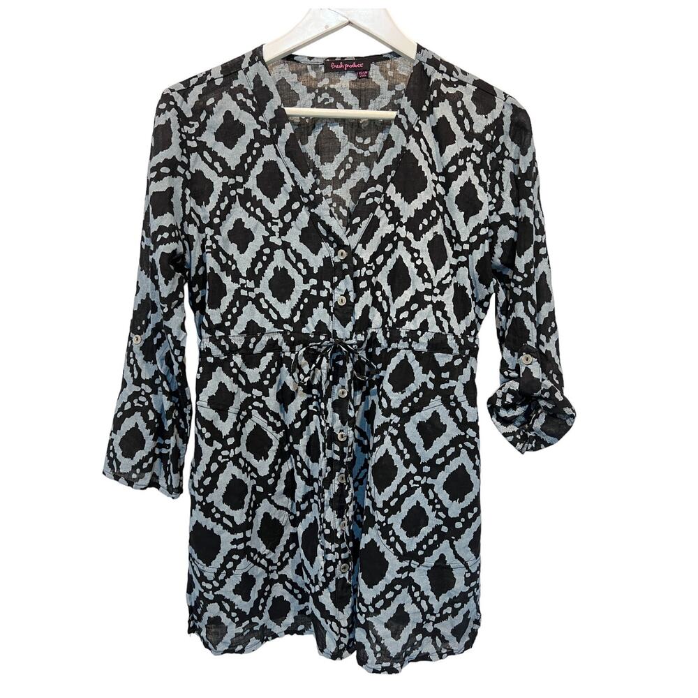Fresh Produce Top Women XS|Small Geometric Print Roll Tab Sleeve Tie Waist Tunic